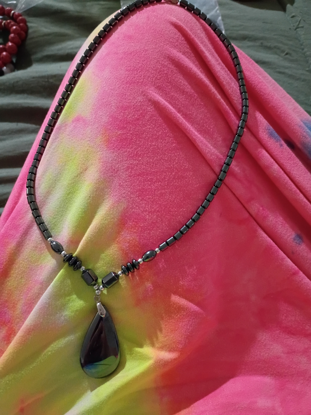 Hematite Beaded Necklace with Black Teardrop Pendant